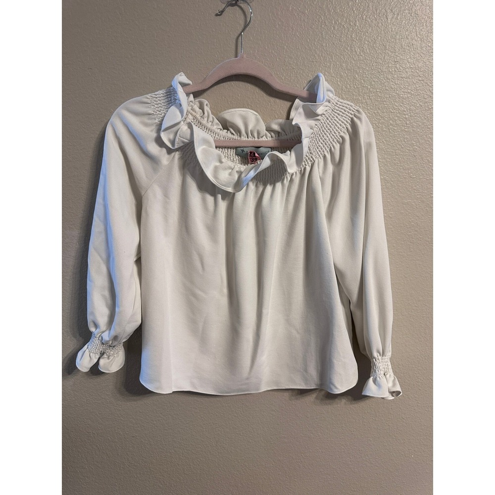 TuckerNuck Smocked Ruffle Neck Top Long Sleeve Blouse White Small